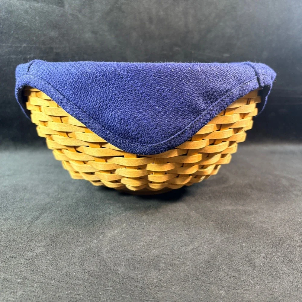 Longaberger 9-inch Bowl Basket 12785 Navy Liner Protector Lid 2002 USA Handwoven